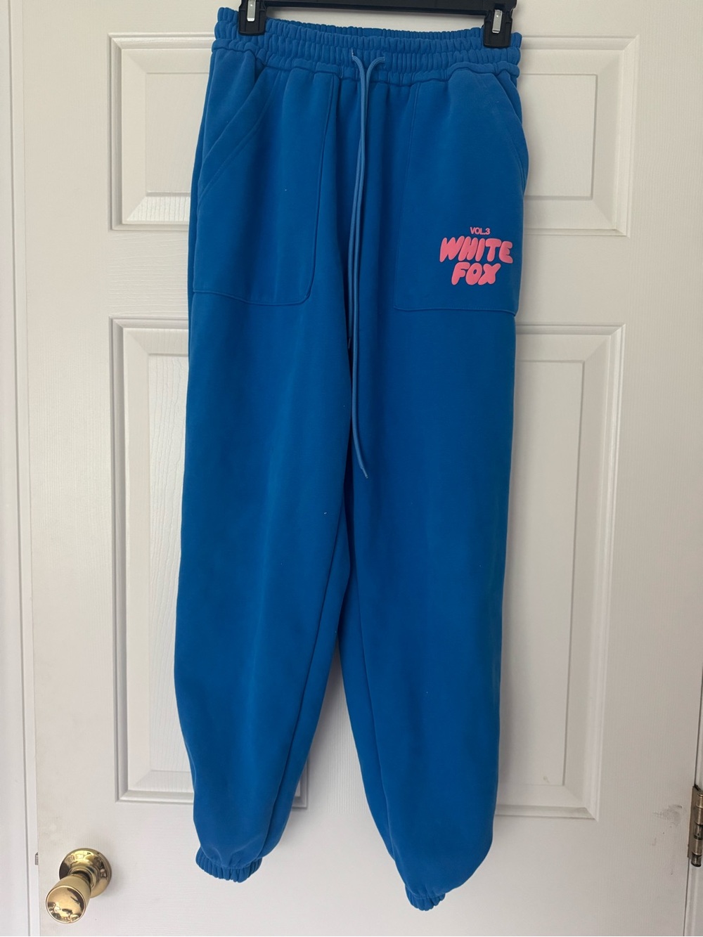 White Fox Blue Fleece Joggers with Pink Logo